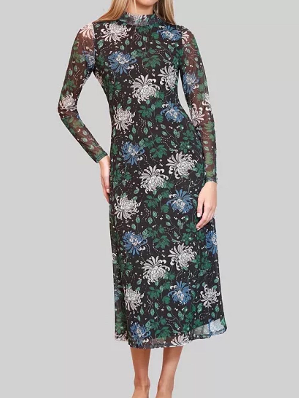 DYLAN RYAN mesh long sleeve midi dress